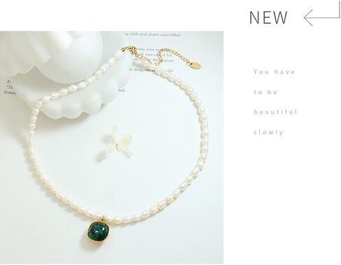 Aleasha Green Pendant Freshwater Pearl Strand Gold Necklace 16" Dainty Crystal Small Pearl Necklace for Women Jewelry Gifts in Kuwait