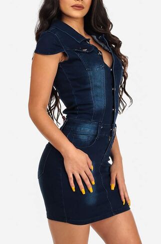 chouyatou Women's Cap Sleeve Bodycon 1/2 Button Placket Mini Denim Pencil Dress in Kuwait