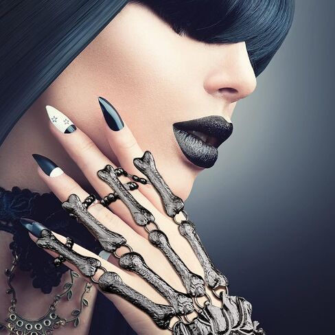 2 Pcs Gothic Skull Bracelet with Finger Rings Skeleton Hand Punk Ghost Claw Harness Slave Bracelet for Men Women Knuckle Joint Full Finger Jewelry Accessories for Festival Cosplay Costume (Gun Black) in Saudi Arabia