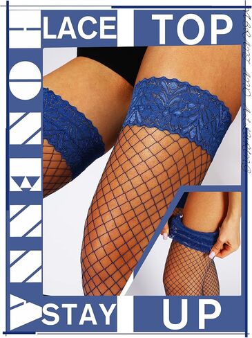 جوارب HONENNA عالية الفخذ من شبكة صيد السمك، أكثر من 20 لونًا من الدانتيل السيليكون من الأعلى للنساء، مقاس A-D in Kuwait