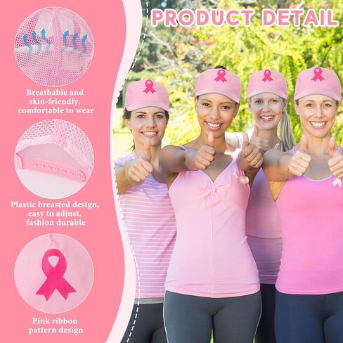 Mepase 24 Pcs Breast Cancer Awareness Hats Bulk Pink Ribbon Baseball Caps Adjustable Golf Women Hat Mesh Hats for Women Girls Breast Cancer Awareness Party Gifts in Kuwait