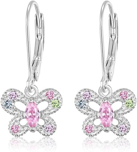 أقراط دائرية للأطفال، أقراط فراشة لطيفة للفتيات، مجوهرات من الذهب الأبيض مضادة للحساسية مع رافعات فضية 925، أقراط مع كريستالات ملونة، حلق صغير مع حلقات للأطفال in Kuwait