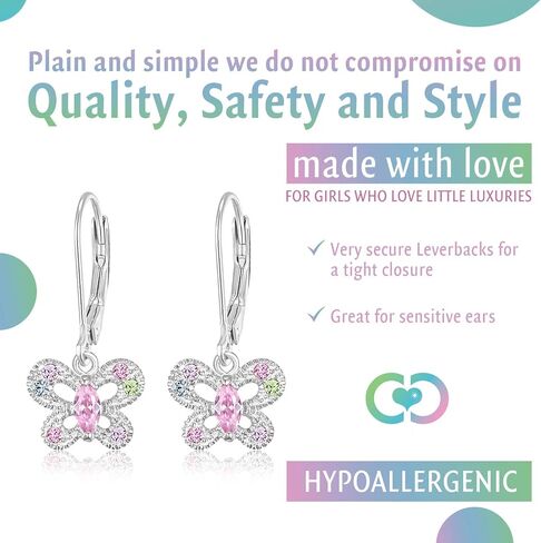 أقراط دائرية للأطفال، أقراط فراشة لطيفة للفتيات، مجوهرات من الذهب الأبيض مضادة للحساسية مع رافعات فضية 925، أقراط مع كريستالات ملونة، حلق صغير مع حلقات للأطفال in Kuwait