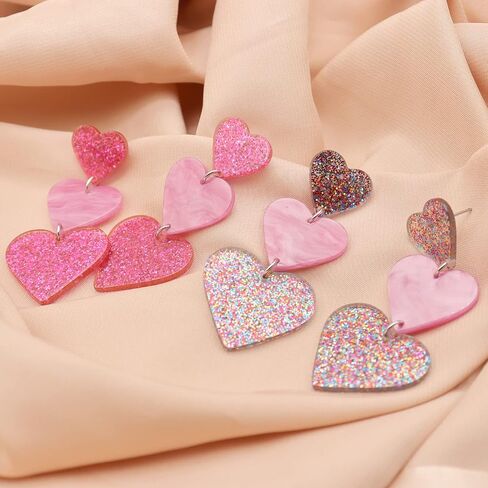 Simple Cute Pink Earrings Dangle for Women Teen Girls, Unique Lightweight Geometric Resin Three Pink Heart Dangle Drop Earrings Jewelry in Saudi Arabia