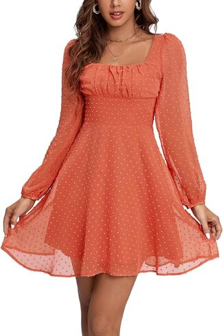 LYANER Women's Polka Dots Square Neck A line Long Sleeve Swiss Dots Mini Dress in Kuwait