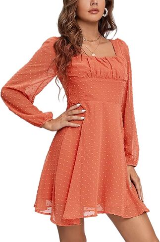 LYANER Women's Polka Dots Square Neck A line Long Sleeve Swiss Dots Mini Dress in Kuwait