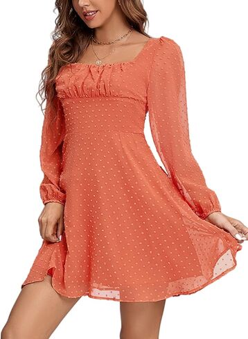 LYANER Women's Polka Dots Square Neck A line Long Sleeve Swiss Dots Mini Dress in Kuwait