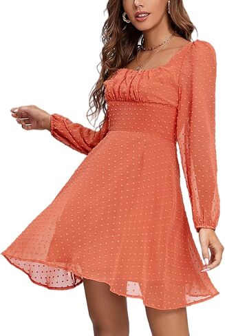 LYANER Women's Polka Dots Square Neck A line Long Sleeve Swiss Dots Mini Dress in Kuwait