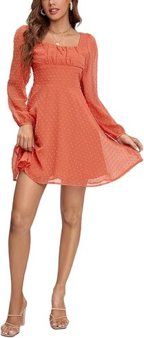 LYANER Women's Polka Dots Square Neck A line Long Sleeve Swiss Dots Mini Dress in Kuwait