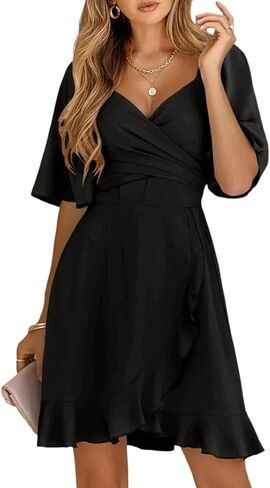 Dokotoo Women's Wrap V Neck Short Flared Sleeve Wedding Guest Dress Smocked Elastic Waist Tiered Belted Ruffle Hem Mini Dress in Saudi Arabia