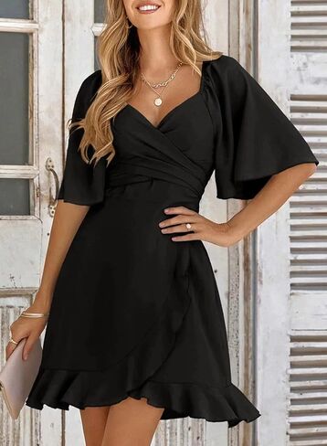 Dokotoo Women's Wrap V Neck Short Flared Sleeve Wedding Guest Dress Smocked Elastic Waist Tiered Belted Ruffle Hem Mini Dress in Saudi Arabia