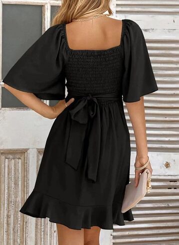 Dokotoo Women's Wrap V Neck Short Flared Sleeve Wedding Guest Dress Smocked Elastic Waist Tiered Belted Ruffle Hem Mini Dress in Saudi Arabia