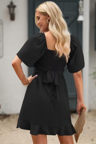 Dokotoo Women's Wrap V Neck Short Flared Sleeve Wedding Guest Dress Smocked Elastic Waist Tiered Belted Ruffle Hem Mini Dress in Saudi Arabia