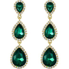 EleQueen Women's Gold-tone Austrian Crystal Teardrop Pear Shape 2.5 Inch Long Earrings Emerald Color