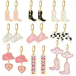 Cowgirl Earrings,9 Pairs Cowboy Boot Earrings,Western Cowgirl Boot Hat Dangle Earrings Gift