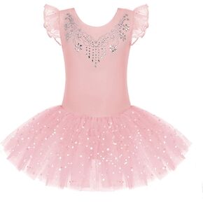 Zaclotre Kid Girls Ruffle Sleeve Ballet Skirted Leotard Shiny Dance Tutu Dresses