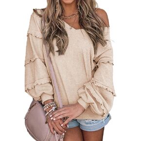 BTFBM Women’s V Neck Long Sleeve Blouse Loose Fit Tunics Ruffles Off Shoulder Waffle Knit Solid Color Tops Fall Tee Shirts