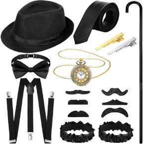 1920s Mens Costume Accessories Gatsby Set with Hat, Bow Tie, Pocket Watch, Suspender, Armband Garters, Tie Clips, Crutch in Saudi Arabia