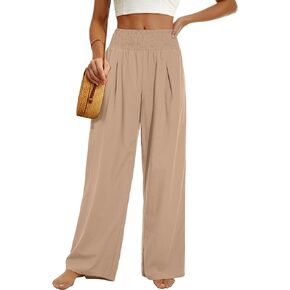 PrinStory Womens Summer Mix Cotton Linen Palazzo Pants High Waisted Wide Leg Long Lounge Trousers with Pocket
