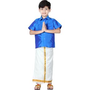 قميص BowBee Kids للأولاد سادة نصف كم مع بطانة مع مجموعة Kasavu Mundu - ملابس الحفلات الهندية التقليدية بنمط جنوب الهند in Kuwait