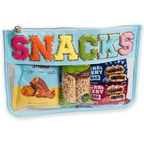 Fablinks Clear Snacks Bag, Chenille Varsity Letter Zipper Pouch, Travel Snack Bags for Mom, Aesthetic Storage Organizer Pouches for Women with Glitter Patch Letters (SNACKS-Aqua)