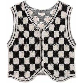 Anzber Women's knitted vest sleeveless V-neck cardigan button printed short vest