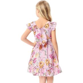 Kukume Girls Floral Print High Waist Dresses Cut Out Bow Back Flounce Hem Dress 3-12 Years