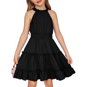 Arshiner Girls Halter Neck Sleeveless Dress Casual Flowy Swiss Dot Smocked Cute Summer Dress for 5-12 Years