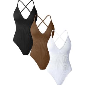TOB Women's 3 Piece Bodysuits Sexy Ribbed V Neck Adjustable Spaghetti Strips Tops Bodysuits