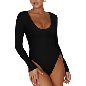 REORIA Women’s Sexy Scoop Neck Long Sleeve Double Lined Stretchy Shirt Tops Going Out Bodysuits