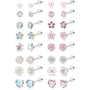 THUNARAZ 16 Pairs Hypoallergenic Screw Back Earrings for Women Girls Surgical Steel Tiny CZ Pearl Ball Heart Flower Screwback Flat Back Stud Earrings Set 20G
