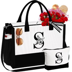 YOOLIFE Initial Canvas Beach Bag Tote Bag Makeup Bag with Zipper Birthday Gifts for Women Friends Teacher Gifts for Women Her