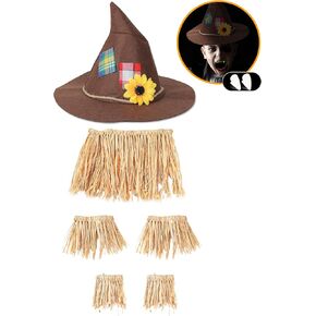 NIQIAO 8 Pieces Scarecrow Costume Set Include Raffia Scarecrow Straw Kit Hat Necklace Wristband Vampire Teeth for Halloween Harvest Party Accessory in Saudi Arabia