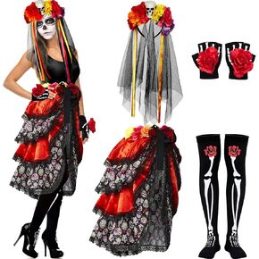 Hercicy 4 Pcs Halloween Day of the Dead Costumes for Women, Include Multicolor Tie on Bustle, Flower Headband Rose Flower Costume Headpiece, Fingerless Skeleton Gloves and Skeleton Thigh High Socks in Saudi Arabia