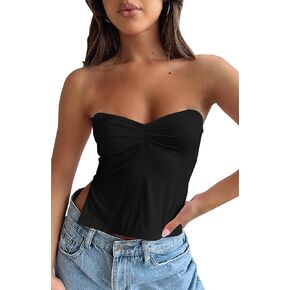 Kigrad Women’s Y2K Pleated Bustier Strapless Sweetheart Bandeau Tube Crop Tank Summer Sleeveless Slit Going Out Crop Top