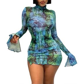 Lancifolium Women's Sexy Mock Neck Mesh See Through Bodycon Sleeveless/Long Sleeve Mini Party Dress