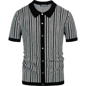 PJ PAUL JONES Men's Polo Shirts Retro Knit Shirt 70s Vintage Striped Shirt Short Sleeve Button Down Clothing