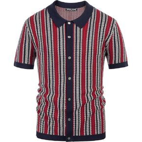 PJ PAUL JONES Men's Polo Shirts Retro Knit Shirt 70s Vintage Striped Shirt Short Sleeve Button Down Clothing