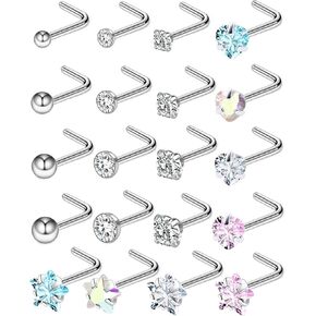 Kridzisw 18G 20G Heart Star CZ Nose Rings Stud Stainless Steel L-Shaped Nose Rings Studs Screw Clear Retainer Tragus Cartilage Helix Earrings Piercing Hoop 20Pcs-21pcs