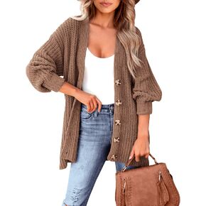 MASCOMODA Women's Long Sleeve Oversized Cable Knit Sweater Cardigan 2023 Fall Open Front Button Down Chunky Knit Outwear Coat
