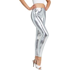 Jdlsppl Women's Halloween Metallic Pants PU Faux Leather Stretch Hot Dance Shiny Leggings Sparkly