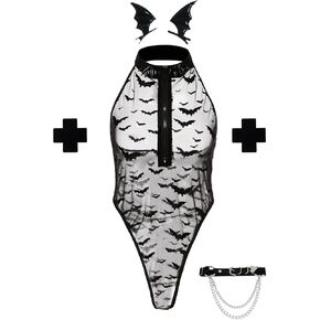 ملابس داخلية نسائية من ADEMISHIA مصنوعة من الدانتيل باللون الأسود مع حزام رباط وطباعة الشيطان الصغير ورقبة وهمية بدون ظهر من قطعة واحدة in Kuwait