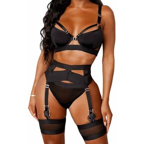 Aranmei Strappy Womens Sexy Lingerie,Underwired Push Up Bra,Garter belt,Thigh Cuffs,Matching Panty,4 Piece Lingerie Set