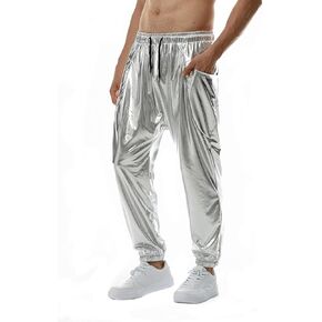 GRAJTCIN Mens Metallic Disco Pants 70s/80s Sequin Pants Drawstring Waist Party Club Pants Rave Shiny Jogger