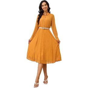 AbleTree Business Casual Shirt Dress for Women Long Sleeves Pleated Midi Dresses with Belt