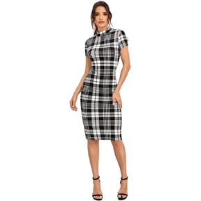 Floerns Women's Short Sleeve Gingham Bodycon Business Pencil Dress