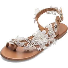 Women's Sandals Flat Clip Toe Casual Lace Floral Beach Flip Flop Comfy Shoes Summer Elegant Toe Ring Roman Sandals Comfy Dress