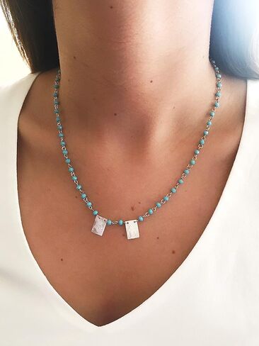 LESLIE BOULES Catholic Scapular Necklace 18 Inches Length Turquoise Crystal Beads Chain in Saudi Arabia