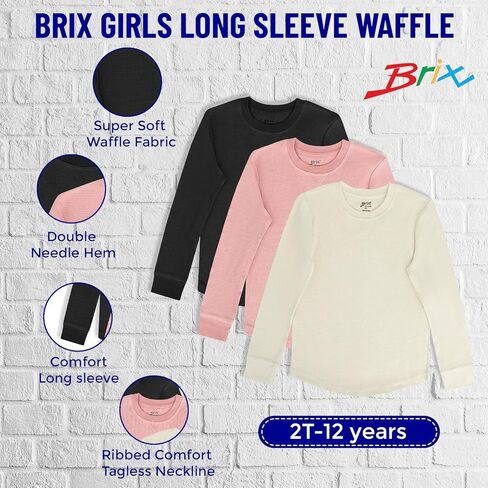Brix Girls' Long Sleeve Thermal - Waffle Shirts 3 Pk Fashion Girls Tees. in Kuwait