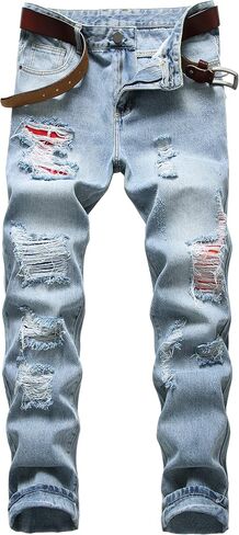 COOSVEN Men Ripped Jeans, Slim Fit Straight Leg, Denim Pants with Holes in Kuwait